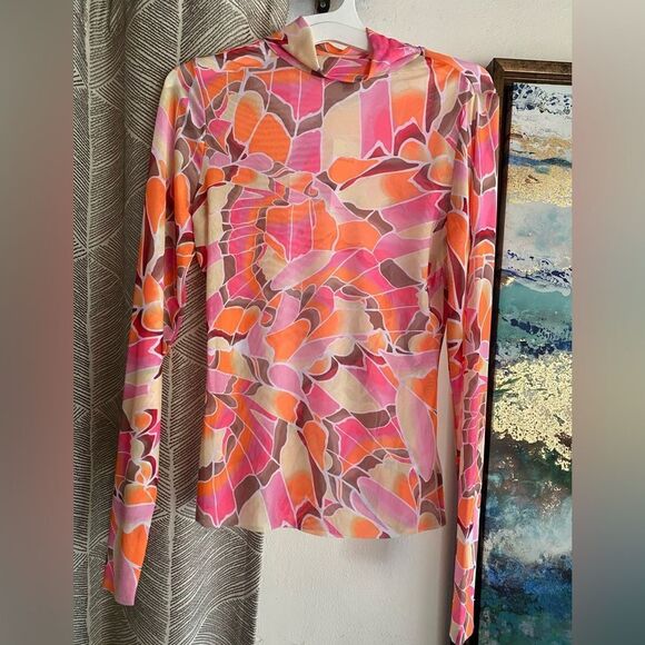 AFRM Zoe Mock Neck Mesh Top Pink Sheer Abstract Womens Size S/P - Picture 3 of 12